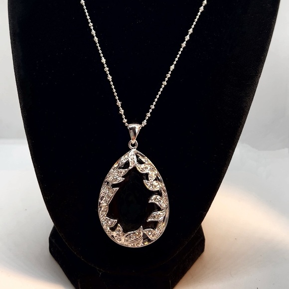 Silver-Tone Teardrop Obsidian Stone Encased Crystal Pendant & Matching Earrings - Picture 8 of 9